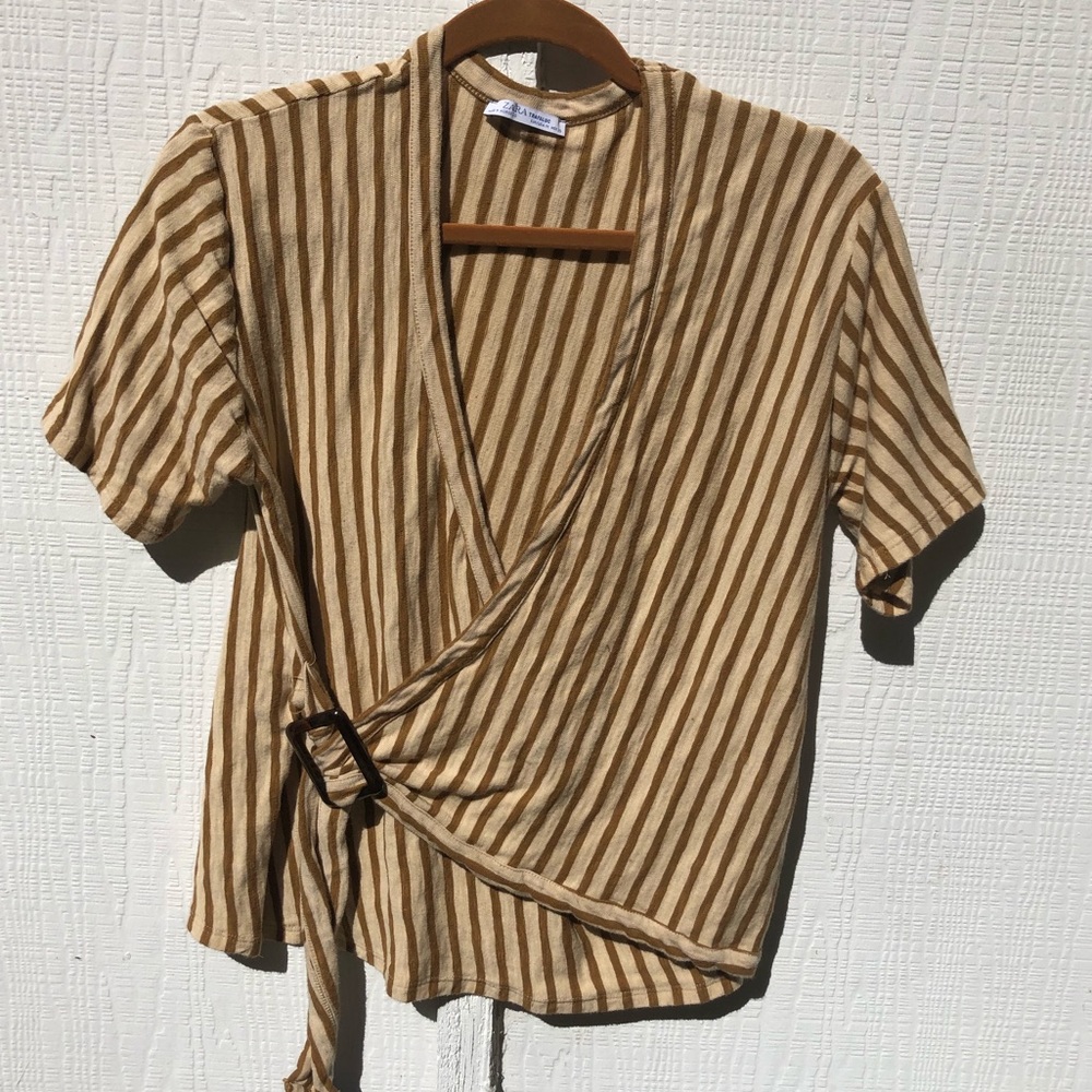 Zara yellow stripe wrap tee, loose fit